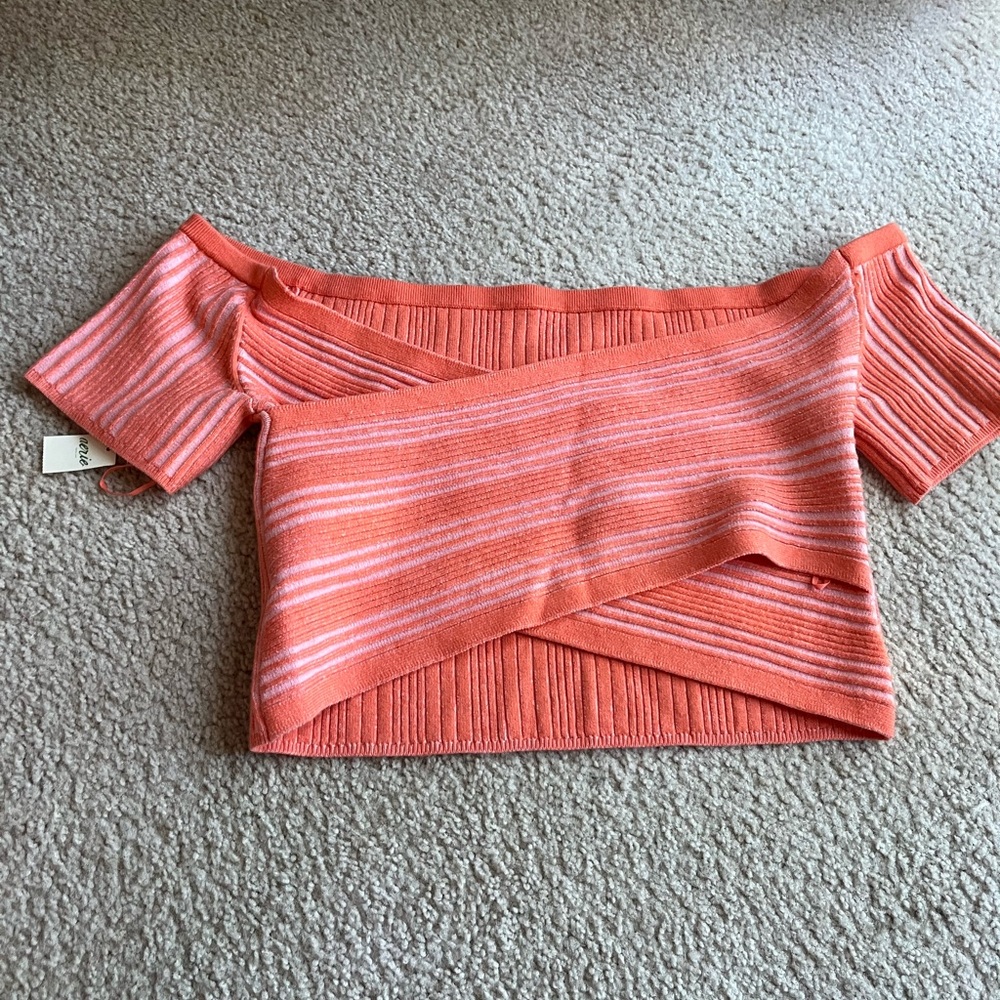 Aerie Striped Off-Shoulder Crossover Reversible Crop Top in Coral & Light Pink